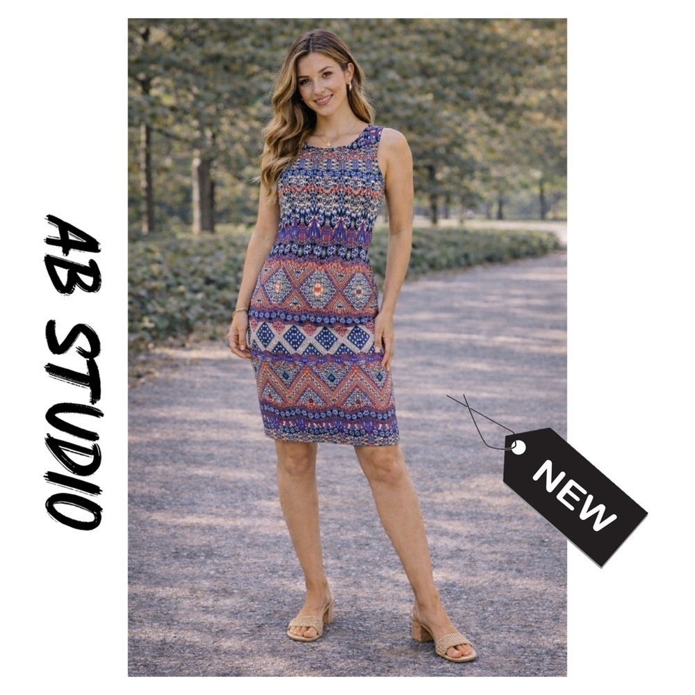 NWT. AB studio multi color print sleeveless dress